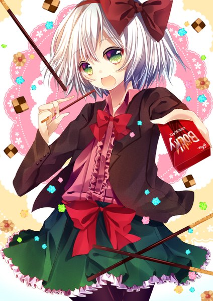 Anime picture 1000x1414 with touhou konpaku youmu kusada souta single tall image looking at viewer blush short hair open mouth green eyes silver hair alternate costume outstretched arm frilly skirt girl bow hair bow pantyhose food frills