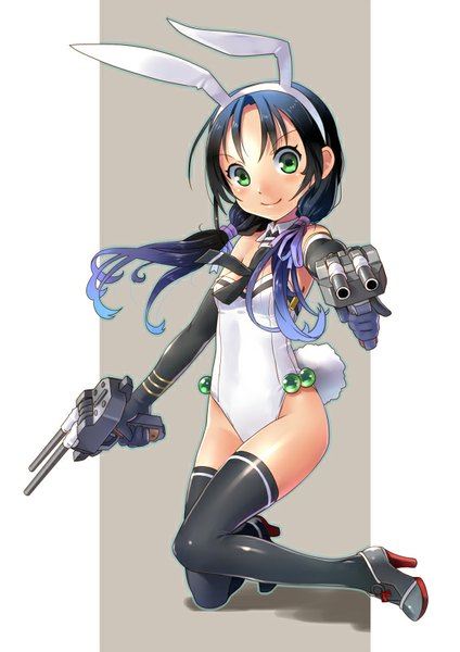 Anime picture 566x800 with kantai collection samidare destroyer katahira masashi single tall image looking at viewer light erotic black hair simple background smile bare shoulders green eyes animal ears blue hair tail animal tail multicolored hair high heels bunny ears fake animal ears