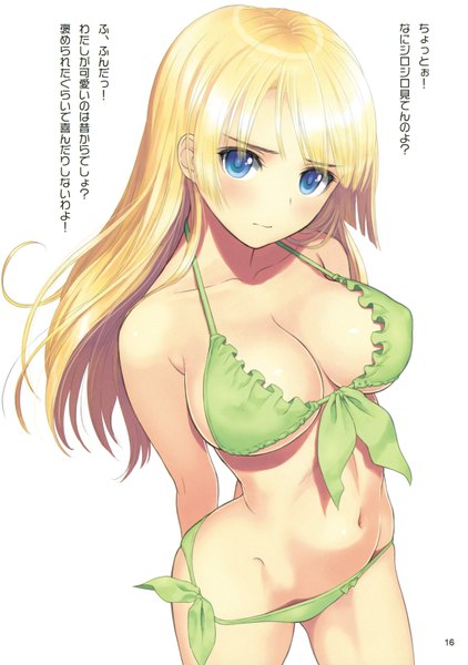Anime picture 1126x1600 with tony taka single long hair tall image blush breasts blue eyes light erotic simple background blonde hair white background scan inscription hieroglyph girl swimsuit bikini
