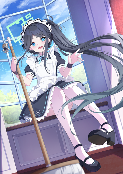 Anime picture 2894x4093 with blue archive aris (blue archive) aris (maid) (blue archive) yihiun single tall image looking at viewer blush highres open mouth blue eyes black hair sitting payot sky cloud (clouds) full body ponytail indoors very long hair