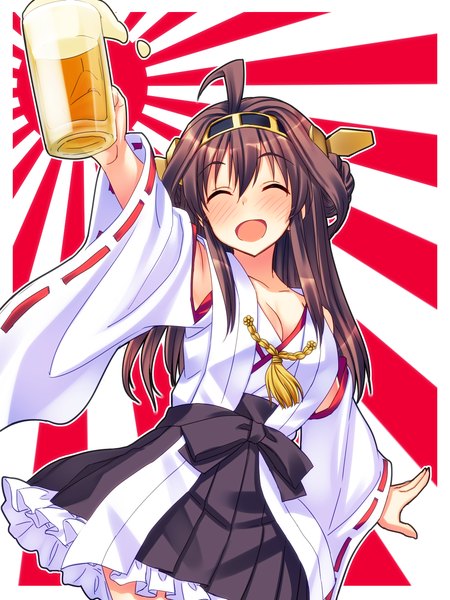 Anime picture 1200x1600 with kantai collection kongou battleship yuuki keisuke single long hair tall image blush brown hair ahoge eyes closed nontraditional miko drunk girl skirt detached sleeves hairband alcohol beer