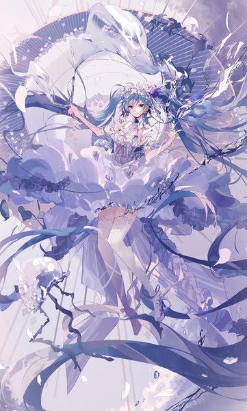 Anime picture 700x1163 with vocaloid hatsune miku mamenomoto single tall image looking at viewer fringe breasts hair between eyes red eyes twintails blue hair full body very long hair hair flower arms up short sleeves high heels puffy sleeves heterochromia
