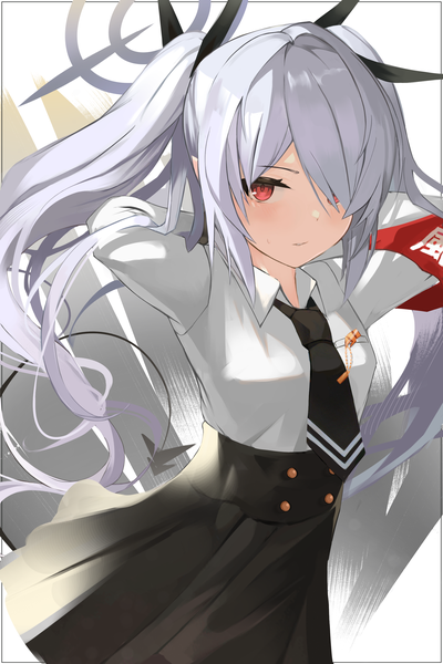 Anime picture 2000x3000 with blue archive iori (blue archive) darudana single long hair tall image fringe highres red eyes twintails silver hair tail hair over one eye arms behind head girl skirt shirt necktie white shirt black skirt