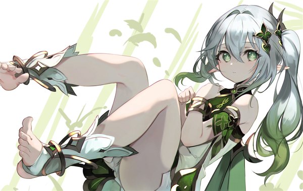 Anime picture 2432x1538 with genshin impact nahida (genshin impact) lumo 1121 single long hair looking at viewer fringe highres light erotic hair between eyes green eyes silver hair full body barefoot pointy ears bare legs side ponytail symbol-shaped pupils girl