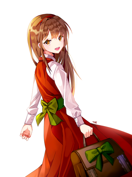 Anime picture 800x1071 with original ggomddak single long hair tall image looking at viewer open mouth simple background brown hair white background brown eyes signed :d looking back girl bow headband bag sleeve cuffs