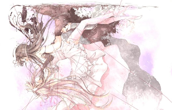 Anime picture 1167x750 with mahou shoujo madoka magica shaft (studio) akemi homura kaname madoka goddess madoka akuma homura kuma (happylocation) long hair blush black hair twintails multiple girls pink hair eyes closed high heels torn clothes magical girl weightlessness girl thighhighs