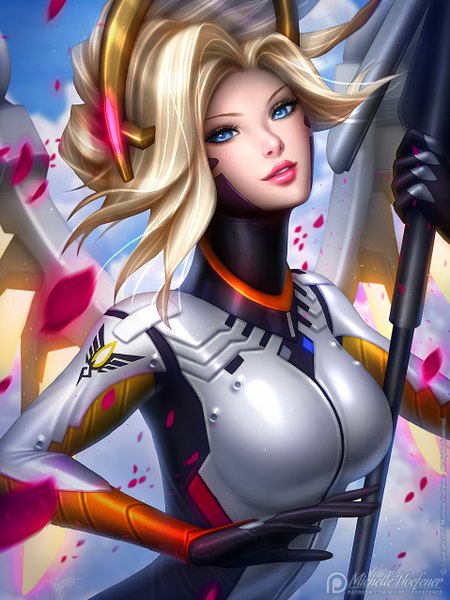 Anime picture 957x1276 with overwatch blizzard entertainment mercy (overwatch) michelle hoefener single long hair tall image looking at viewer blue eyes blonde hair holding signed sky cloud (clouds) upper body parted lips realistic lipstick red lipstick mechanical wings