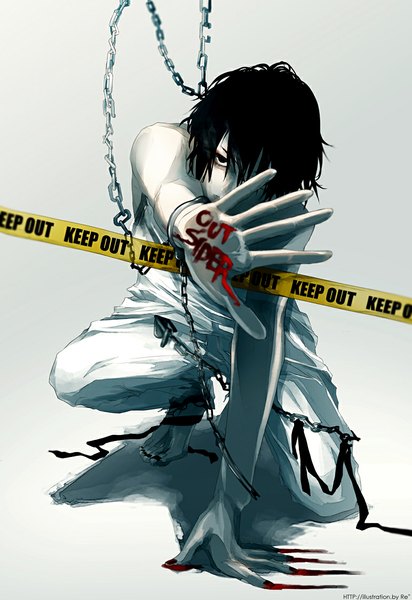 Anime picture 772x1124 with original re (artist) single tall image looking at viewer short hair black hair barefoot pale skin blood chain handcuffs caution tape
