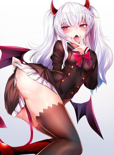 Anime picture 940x1280 with quiz magic academy grim aloe silly (marinkomoe) single long hair tall image blush fringe light erotic simple background hair between eyes red eyes white background twintails payot looking away silver hair bent knee (knees) ass tail