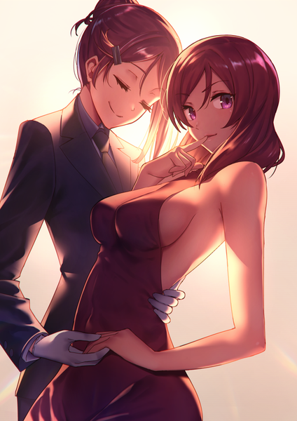 Anime picture 694x983 with love live! school idol project love live! sunshine!! sunrise (studio) love live! nishikino maki sakurauchi riko nagareboshi tall image short hair breasts light erotic smile purple eyes multiple girls red hair eyes closed parted lips hair bun (hair buns) hug sideboob