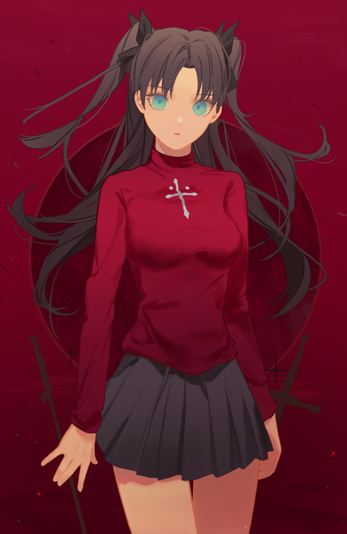 Anime picture 2253x3468 with fate (series) fate/stay night toosaka rin tr (hareru) single long hair tall image looking at viewer highres blue eyes black hair simple background standing pleated skirt two side up red background girl skirt miniskirt black skirt