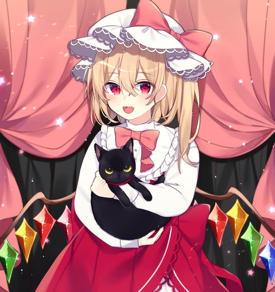 Anime picture 1600x1700 with touhou flandre scarlet yurui tuhu single tall image fringe short hair open mouth blonde hair hair between eyes red eyes :d fang (fangs) symbol-shaped pupils + + girl hat animal wings star (symbol)