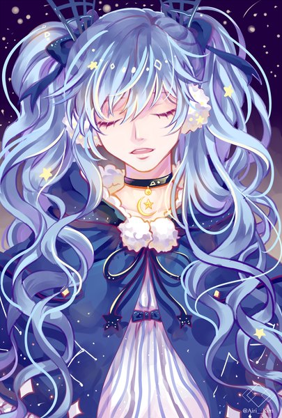 Anime picture 675x1000 with vocaloid hatsune miku fuyu no yoru miku yuari kim single long hair tall image fringe open mouth hair between eyes twintails signed upper body eyes closed fur trim twitter username girl bow hair bow choker