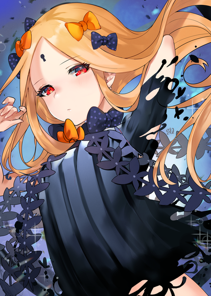 Anime picture 1200x1680 with fate (series) fate/grand order abigail williams (fate) alraco single long hair tall image looking at viewer blush fringe simple background blonde hair red eyes standing signed arms up sparkle floating hair girl dress