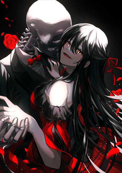Anime picture 2894x4093 with original alchiaki single long hair tall image looking at viewer blush highres breasts black hair simple background smile yellow eyes nail polish fingernails off shoulder lipstick turning head black background half updo