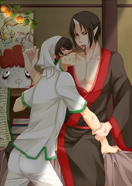 Anime picture 710x1000 with hoozuki no reitetsu wit studio hoozuki (hoozuki no reitetsu) hakutaku (hoozuki no reitetsu) saibrayyear tall image fringe short hair black hair red eyes sitting holding yellow eyes pointy ears off shoulder multiple boys mouth hold muscle face to face eye contact
