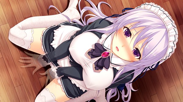 Anime picture 1024x576 with shin shirogane no soleil skyfish (studio) hagall brunhild single long hair looking at viewer blush open mouth wide image purple eyes game cg silver hair maid girl thighhighs dress white thighhighs headdress maid headdress