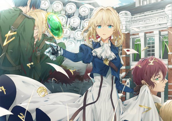 Anime picture 1100x778 with violet evergarden kyoto animation violet evergarden (character) gilbert bougainvillea claudia hodgins dangmill fringe short hair blue eyes blonde hair hair between eyes green eyes parted lips profile outstretched arm crying bloody clothes military mechanical arms girl