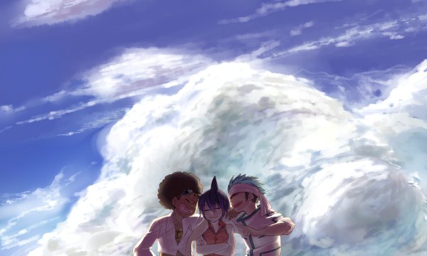 Anime picture 2500x1500 with shaman king xebec usui horokeu tao ren chocolove mcdonell highres short hair open mouth smile brown hair wide image blue hair sky purple hair cloud (clouds) eyes closed multiple boys crossed arms sunglasses on head pointing