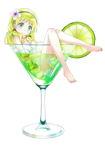 Anime picture 1231x1754 with original 54hao single long hair tall image looking at viewer breasts simple background smile white background sitting green eyes cleavage head tilt barefoot hair flower green hair bare legs sleeveless partially submerged