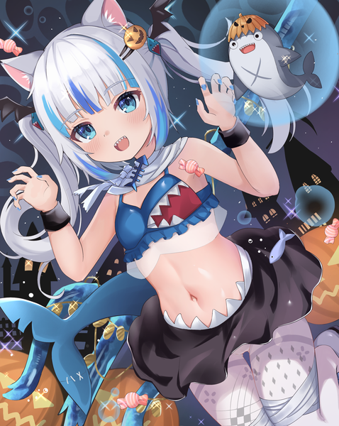 Anime picture 2350x2950 with virtual youtuber hololive hololive english gawr gura bloop (gawr gura) nekopurin (nyanko prin) single long hair tall image fringe highres open mouth blue eyes light erotic twintails payot silver hair tail blunt bangs nail polish