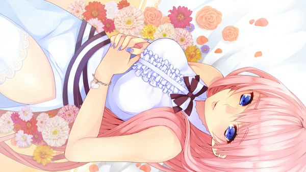 Anime picture 1000x562 with vocaloid megurine luka settyaro single long hair looking at viewer blush blue eyes smile wide image pink hair nail polish girl thighhighs dress flower (flowers) white thighhighs bracelet heart white dress