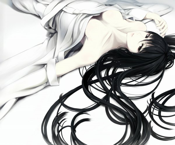 Anime picture 1280x1058 with original erise single long hair looking at viewer breasts open mouth light erotic black hair simple background white background bare shoulders lying black eyes no bra girl open kimono