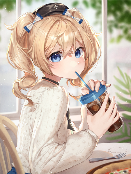 Anime picture 3000x4000 with genshin impact barbara (genshin impact) chabi009 single long hair tall image looking at viewer fringe highres blue eyes blonde hair hair between eyes twintails alternate costume turning head drill hair drinking girl bow hair bow