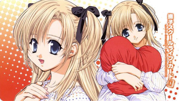 Anime picture 1687x948 with canvas 2 housen elis tenhiro naoto long hair looking at viewer open mouth blue eyes blonde hair smile wide image signed :d two side up multiview pillow hug girl ribbon (ribbons) hair ribbon pillow