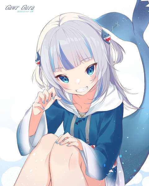 Anime picture 2292x2864 with virtual youtuber hololive hololive english gawr gura gawr gura (1st costume) gyans single long hair tall image blush fringe highres simple background smile white background sitting silver hair tail blunt bangs nail polish