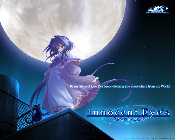 Anime picture 1280x1024 with long hair purple hair night moon cat innocent eyes