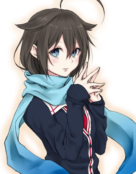 Anime picture 1000x1280 with kantai collection shigure destroyer aoyashio rin single long hair tall image looking at viewer blush fringe blue eyes brown hair ahoge long sleeves fingernails light smile lips fingers together girl scarf