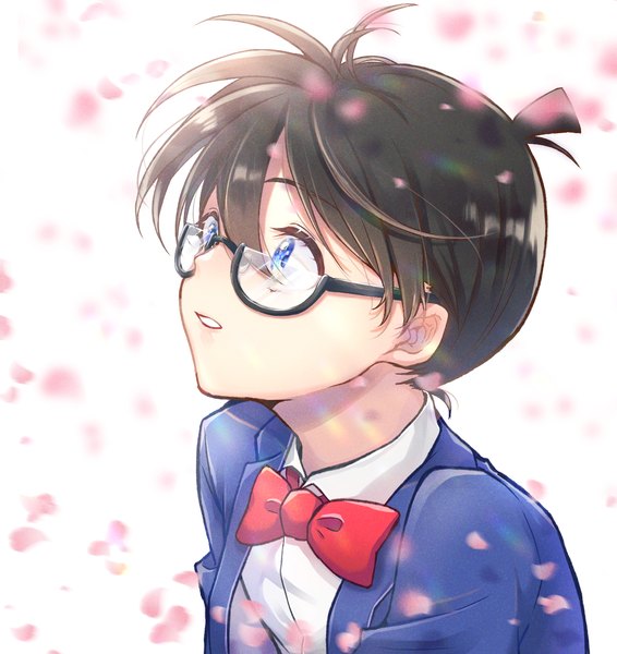 Anime picture 1321x1400 with detective conan edogawa conan nomino (nominohaco) single tall image fringe short hair blue eyes black hair hair between eyes looking away upper body ahoge looking up boy petals glasses bowtie