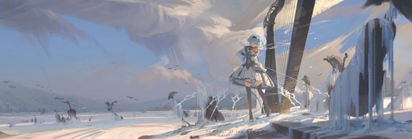Anime picture 4256x1440 with genshin impact eula lawrence void 0 (artist) single fringe highres short hair wide image standing purple eyes holding looking away sky cloud (clouds) full body outdoors light smile wind sunlight aqua hair