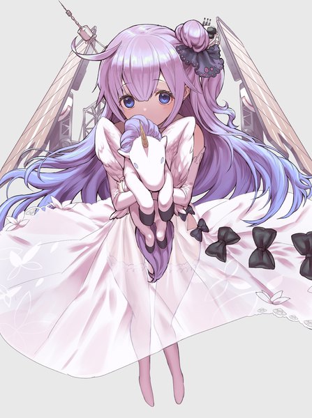 Anime picture 1748x2348 with azur lane unicorn (azur lane) hinako (anzu15) single long hair tall image looking at viewer fringe highres blue eyes light erotic simple background hair between eyes purple hair full body ahoge grey background side ponytail gradient hair see-through silhouette