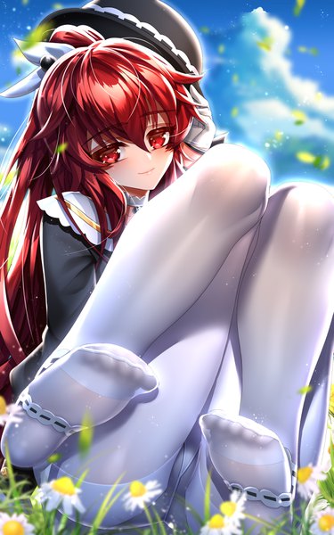 Anime picture 2362x3780 with elsword elesis (elsword) been single long hair tall image looking at viewer blush fringe highres light erotic smile hair between eyes red eyes sitting sky cloud (clouds) full body bent knee (knees) outdoors
