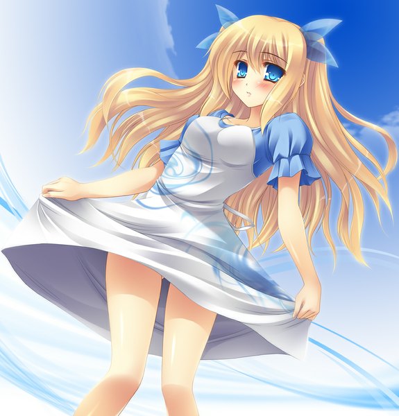 Anime picture 957x1000 with original sakai sakae single long hair tall image looking at viewer blush blue eyes blonde hair girl dress bow hair bow