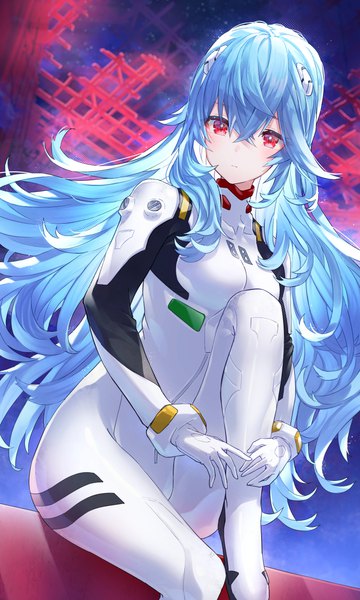 Anime picture 4500x7500 with neon genesis evangelion rebuild of evangelion evangelion: 3.0+1.0 thrice upon a time gainax ayanami rei hatsuga (dmaigmai) single long hair tall image fringe highres hair between eyes red eyes sitting blue hair looking away absurdres girl bodysuit pilot suit
