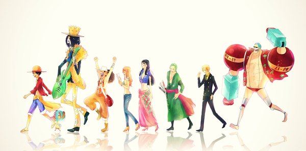 Anime picture 1500x742 with one piece toei animation nami (one piece) monkey d. luffy nico robin roronoa zoro sanji tony tony chopper usopp franky brook (one piece) pege (artist) long hair blush short hair open mouth black hair blonde hair simple background smile