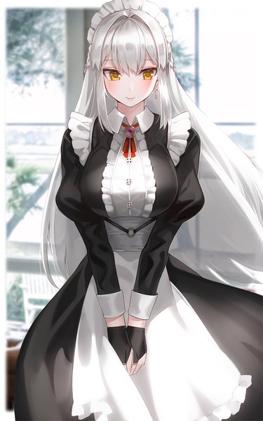 Anime picture 782x1250 with original kfr single long hair tall image looking at viewer blush fringe breasts smile hair between eyes large breasts standing yellow eyes silver hair braid (braids) long sleeves sparkle maid puffy sleeves