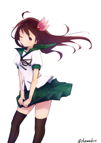 Anime picture 1000x1412 with kantai collection kisaragi destroyer chamu (chammkue) single long hair tall image looking at viewer blush simple background smile brown hair standing white background purple eyes signed ahoge pleated skirt one eye closed wind wink