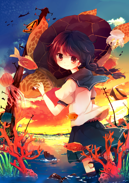 Anime picture 2149x3035 with original pixiv nanahamu single long hair tall image looking at viewer blush highres smile brown hair brown eyes absurdres sky evening sunset girl skirt uniform school uniform