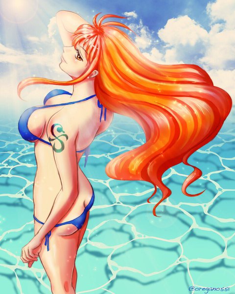 Anime picture 800x1000 with one piece toei animation nami (one piece) oregano551 single long hair tall image looking at viewer blush fringe breasts light erotic hair between eyes large breasts standing bare shoulders signed payot sky cloud (clouds)