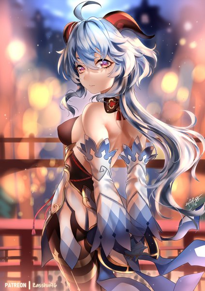 Anime picture 1060x1500 with genshin impact ganyu (genshin impact) zasshu single long hair tall image blush fringe breasts light erotic hair between eyes large breasts purple eyes bare shoulders signed payot blue hair ahoge traditional clothes horn (horns)