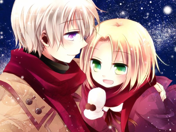 Anime picture 1400x1050 with axis powers hetalia studio deen france (hetalia) poland (hetalia) blush short hair open mouth blonde hair smile purple eyes green eyes couple hug snow cold girl boy jacket scarf mittens