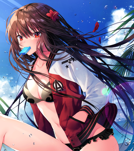Anime picture 1200x1348 with fate (series) fate/grand order oda nobunaga (fate) (all) oda nobunaga (swimsuit berserker) (fate) kuro futoshi single long hair tall image looking at viewer blush fringe breasts light erotic hair between eyes red eyes brown hair sitting holding sky cleavage