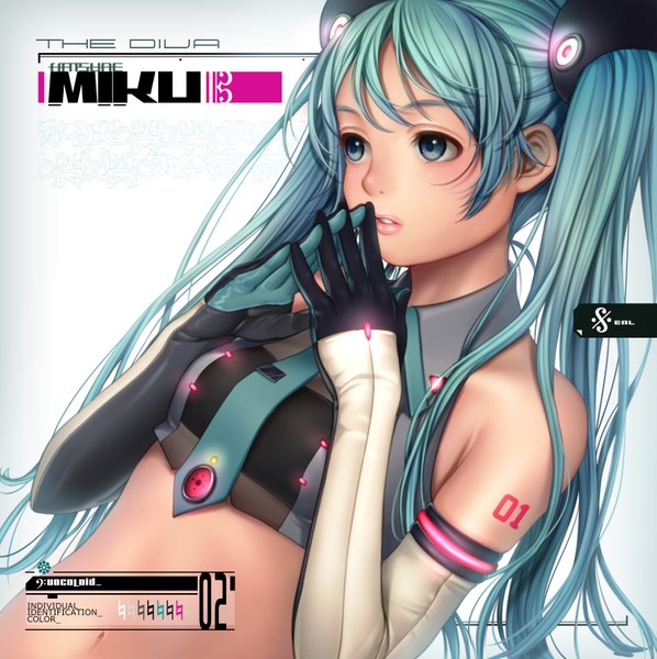 Anime picture 1735x1743 with vocaloid hatsune miku masami chie single long hair tall image blush fringe highres looking away aqua eyes lips aqua hair bare belly tattoo interlocked fingers logo girl gloves hair ornament