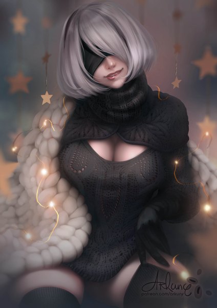 Anime picture 2715x3840 with nier nier:automata yorha no. 2 type b arkuny single tall image looking at viewer fringe highres short hair light erotic sitting cleavage silver hair parted lips lips blurry realistic teeth depth of field