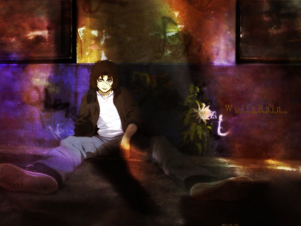 Anime picture 1600x1200 with wolfs rain studio bones kiba single short hair brown hair sitting boy flower (flowers) jacket pants wall