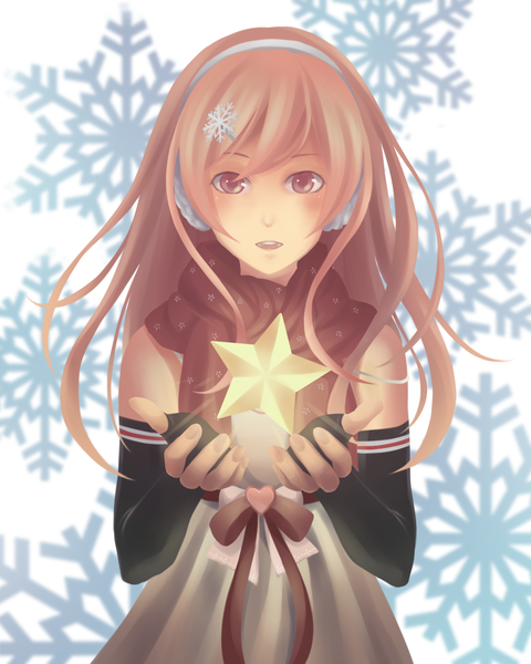 Anime picture 1024x1280 with original kiyo (chaoschyan) single long hair tall image looking at viewer brown hair bare shoulders brown eyes christmas merry christmas girl dress gloves hair ornament elbow gloves scarf star (symbol) snowflake (snowflakes) snowflake hair ornament